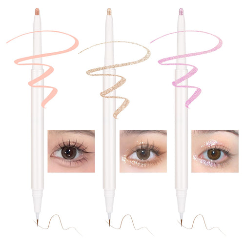 3PC Dual Ended Highlighter Makeup Pen Glitter & Matte Nude EyeLiner & Eyeshadow Contour liquid Liner 2 in 1 Eye Brightener Stick Mulit-Funtional Long Lasting Lying Silkworm Pencil ( #01 #03 #04 )