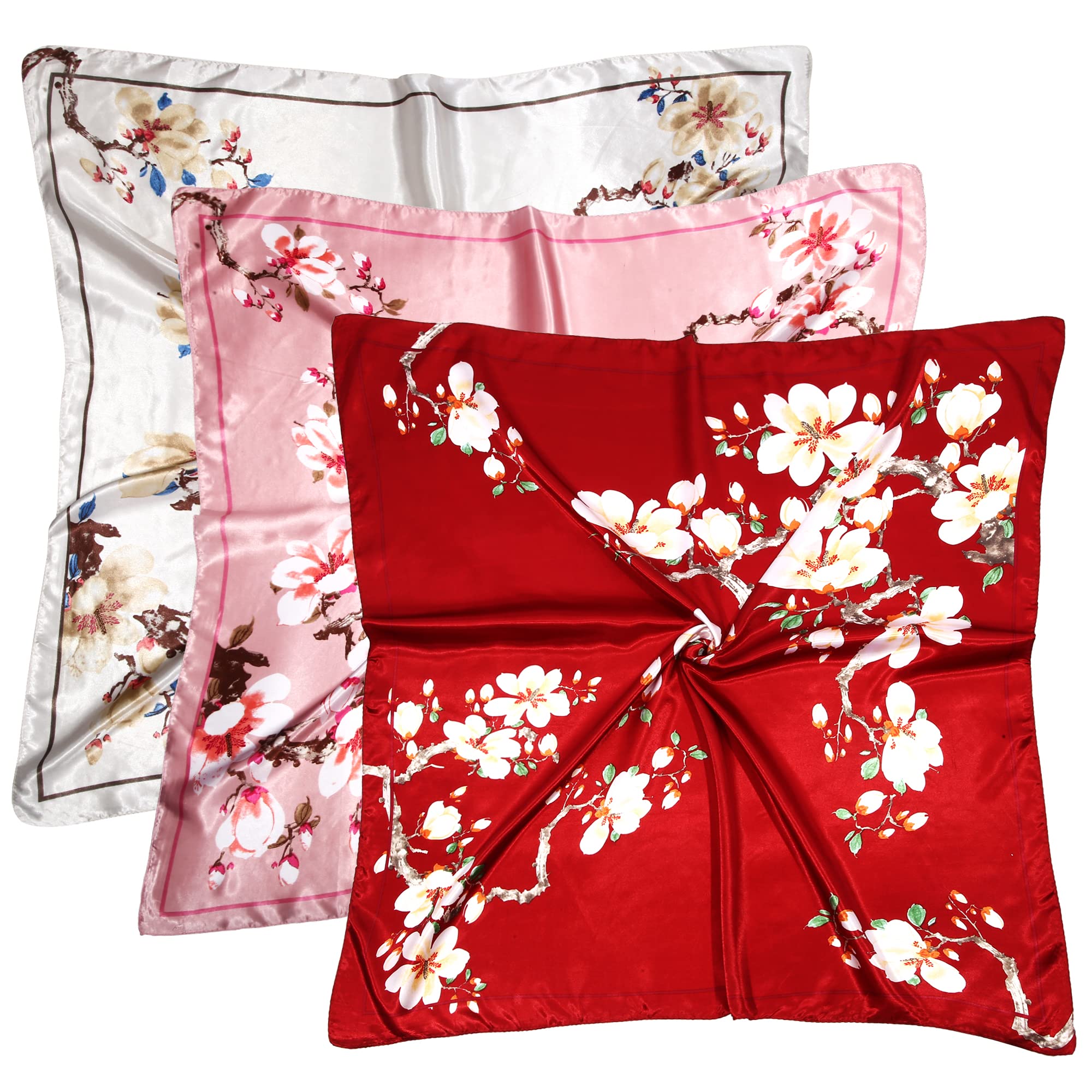 DOOBO 3 Pcs 35 Inches Silk Scarf Satin Head Scarf Hair Scarf Silk Head Scarf Silk Bandana Silk Hair Wrap Neck Scarf Square Scarf for Women Girls(WhitePinkRed)